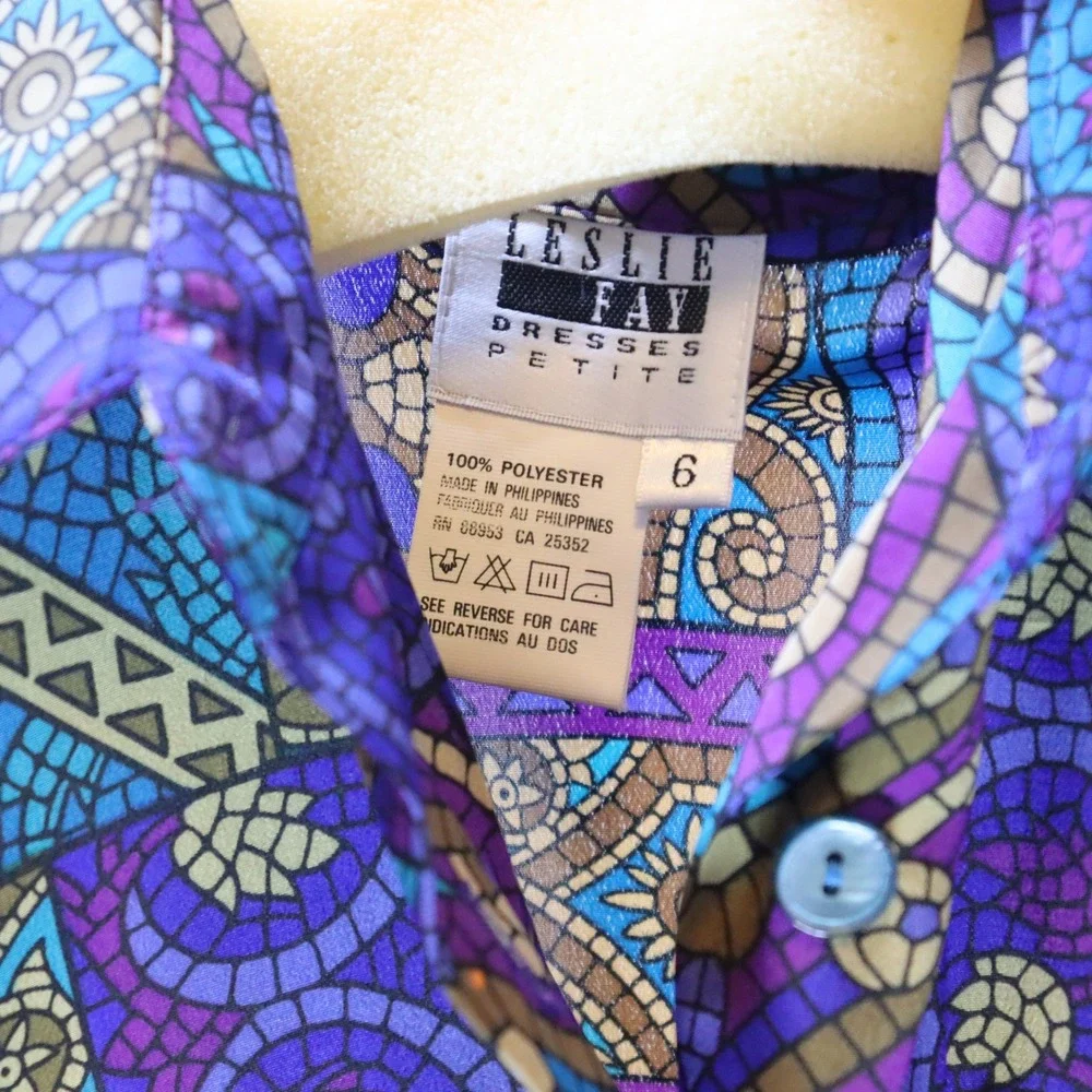Leslie Fay Shirt Dress 6P Purple Womens Geometric‎ Belted Vintage